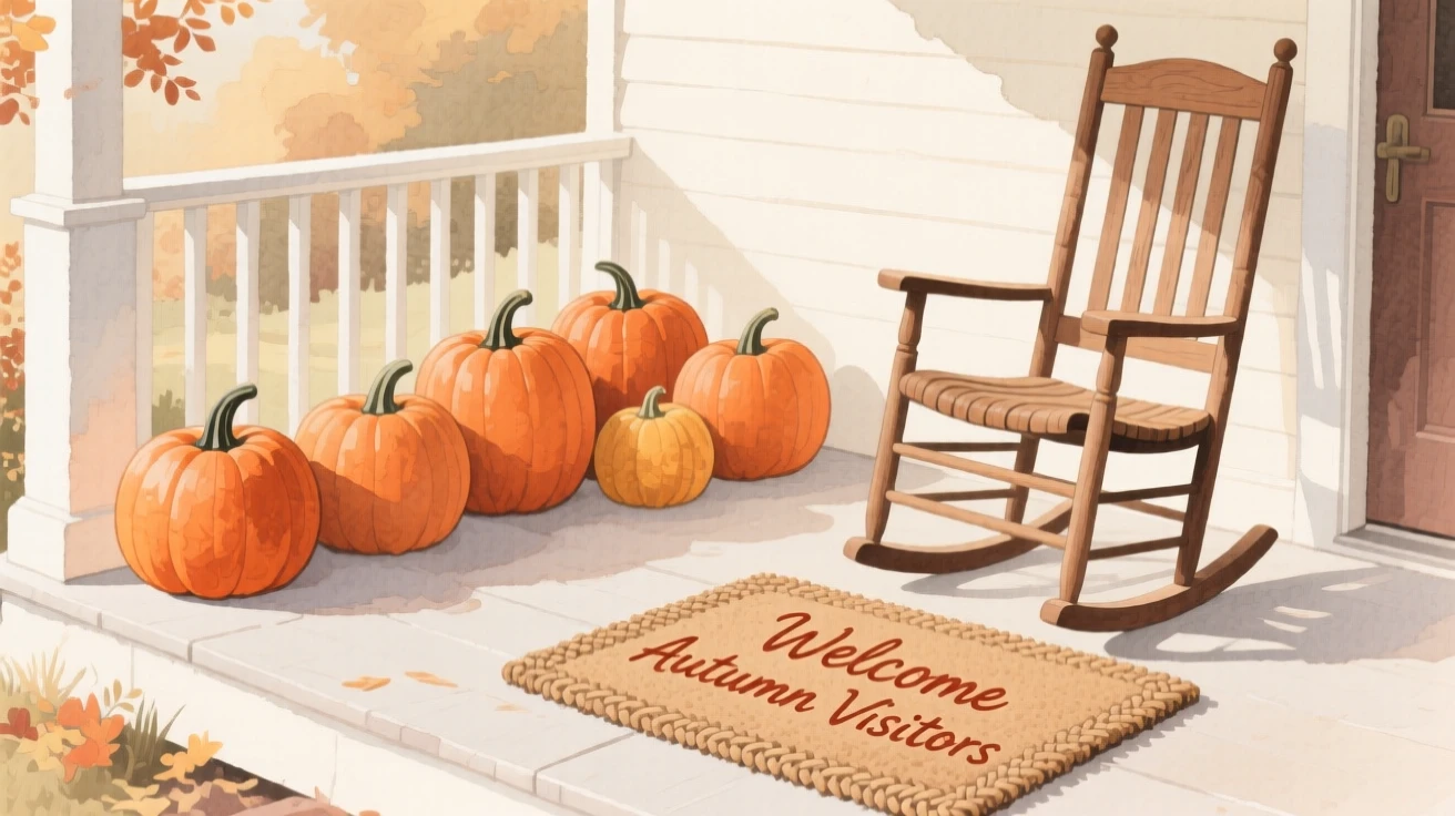 A country porch with a row of pumpkins, a rocking chair, and a woven welcome mat greeting autumn visitors