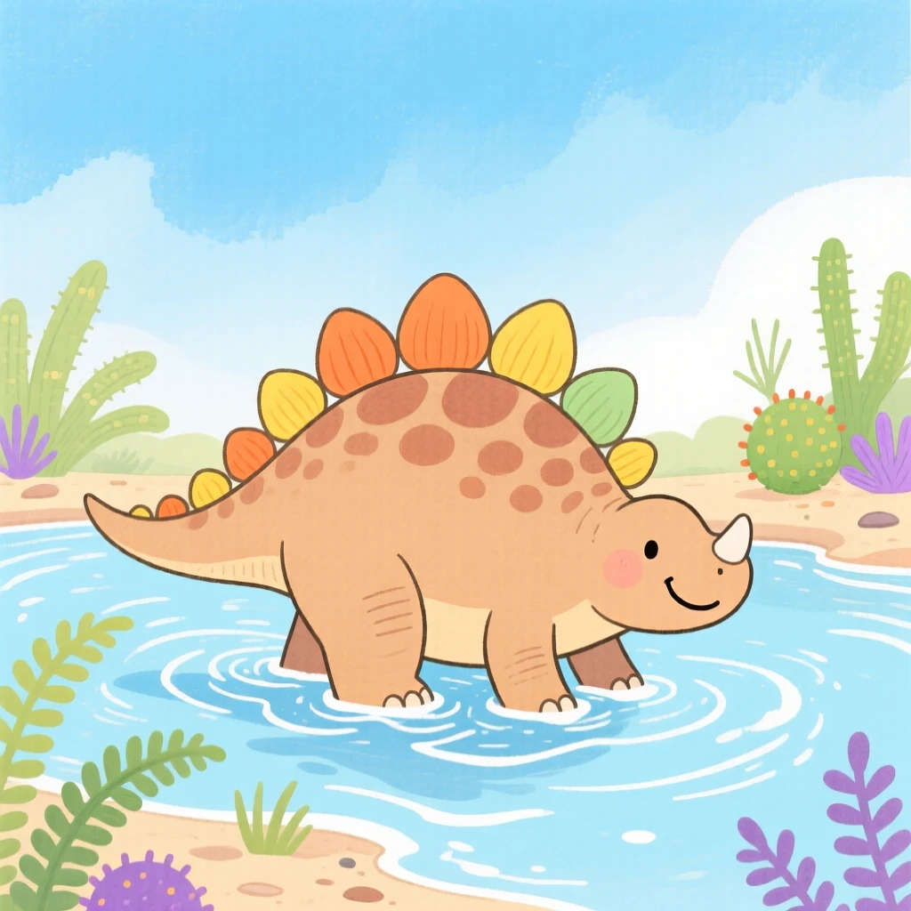 A vivid scene of a friendly stegosaurus wading through a shallow prehistoric river.