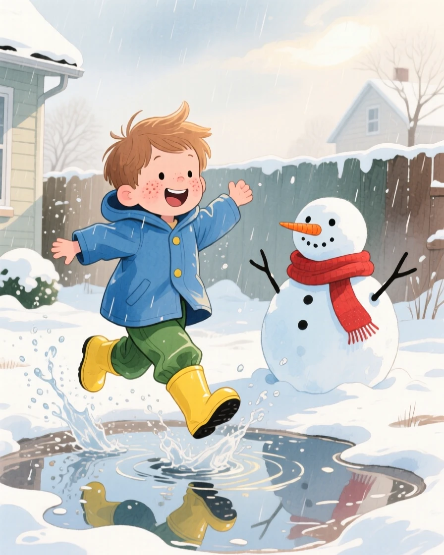 A little boy with freckles jumping through puddles in bright yellow rain boots, in a snow-covered front yard with a half-built snowman, brimming with carefree happiness.