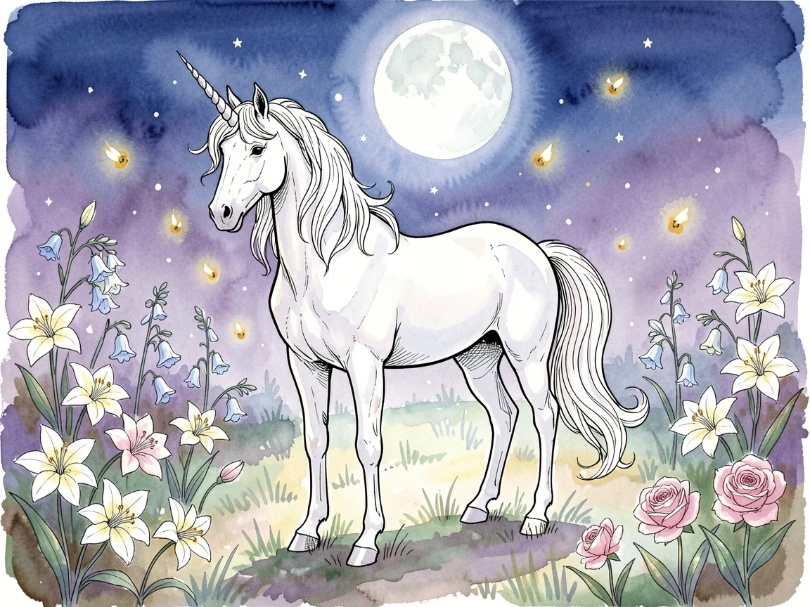 A unicorn grazing in a moonlit glade surrounded by luminous flowers and drifting fireflies