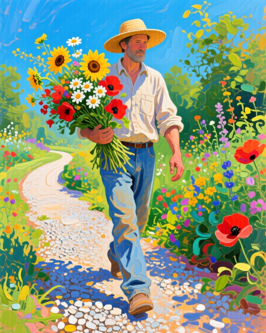 a gardener carrying fresh-cut flowers along a gravel path, at the height of summer, composed along a natural leading line.