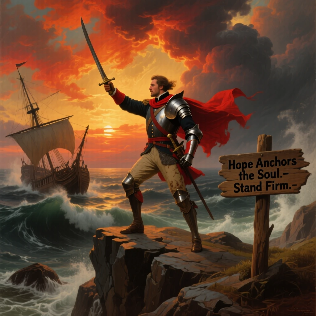 A valiant soldier leads the charge against a stormy sea threatening a stranded ship beneath a sky lit with fire.