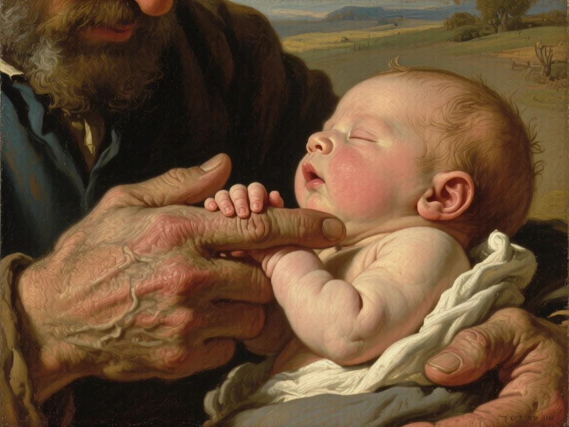 A newborn baby's tiny hand wrapped around her father's finger, their hands shown in careful, expressive detail, designed to resonate emotionally with viewers of any background