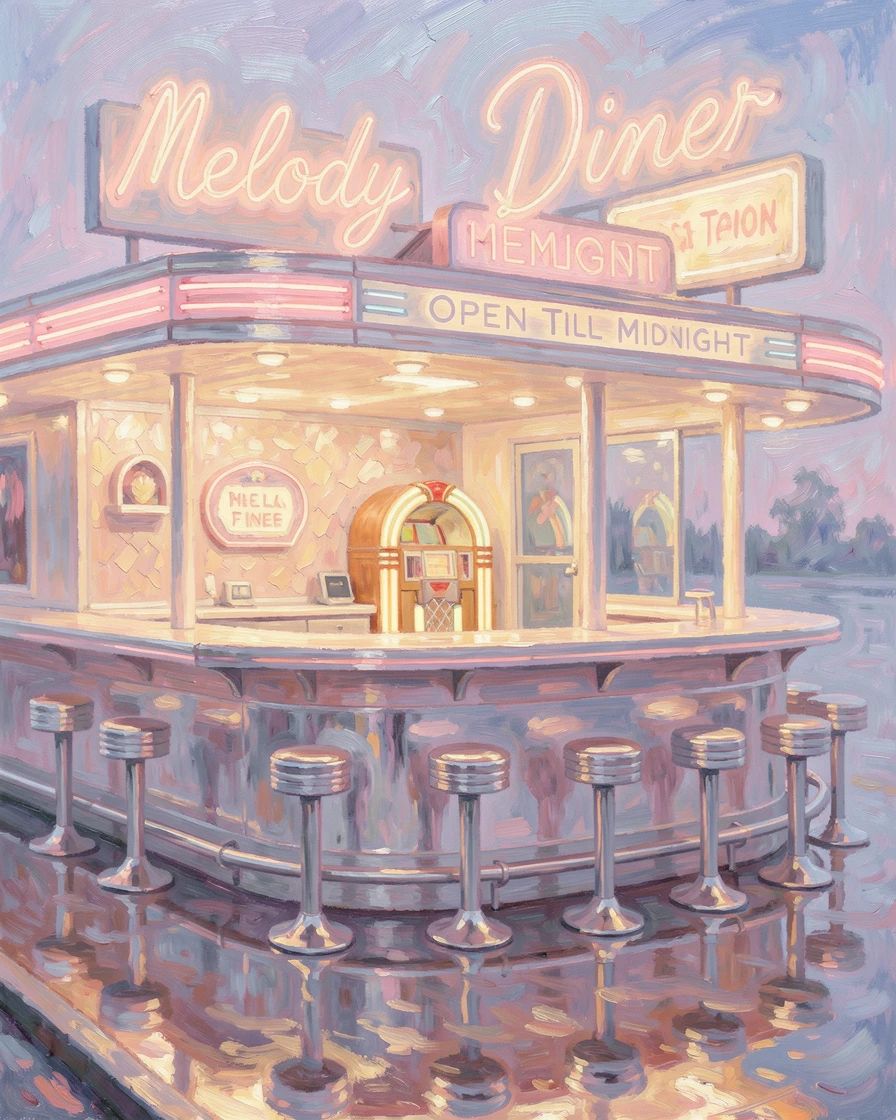 A 1950s diner with neon signs, chrome stools, and a jukebox playing beneath the evening lights.