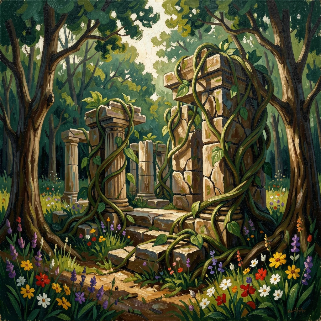 A crumbling ancient ruin overtaken by vines and wildflowers deep in a forest clearing.
