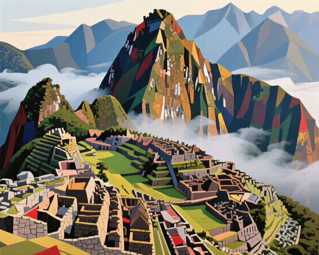 Machu Picchu shrouded in morning mist high in the Andean mountains.