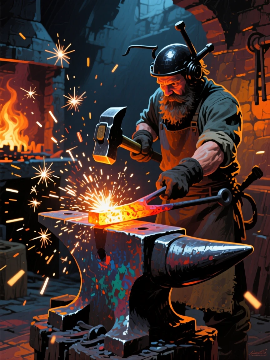 A blacksmith hammering a glowing piece of iron on an anvil, sparks flying into the dark forge