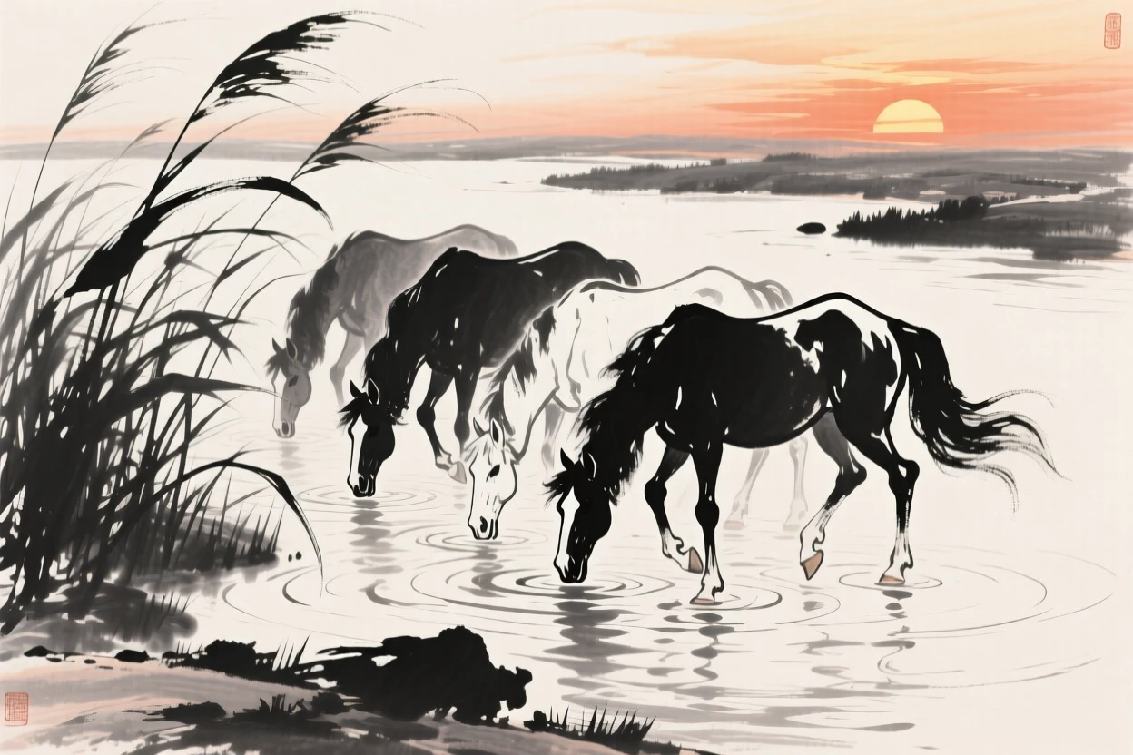 A group of horses drinks from a river at sunset, with wind bending the tall grass around them.