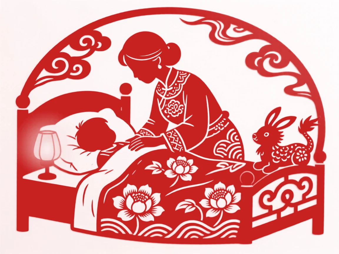 A mother tucking her child into bed, a small nightlight glowing and a stuffed toy tucked under the blanket
