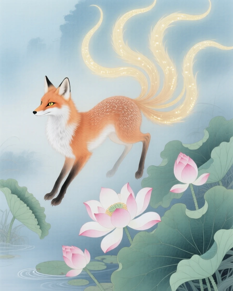 A fox spirit with nine slender glowing tails above blooming lotus flowers in an otherworldly garden