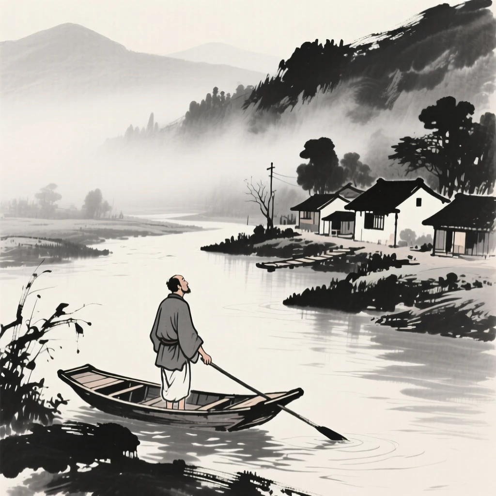 A boatman gazing out over a misty valley in a small riverside village, framed intimately, focusing on quiet gesture and expression, suggesting harmony between people and their surroundings.