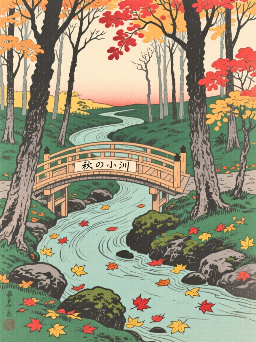 A winding forest stream, surrounded by drifting autumn leaves.