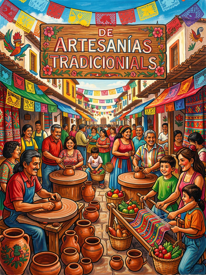 A festive market filled with handmade pottery and textiles