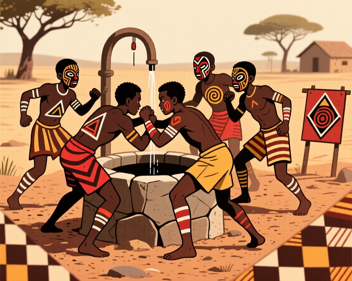 A group of boys practicing wrestling in the dirt beside a communal well.