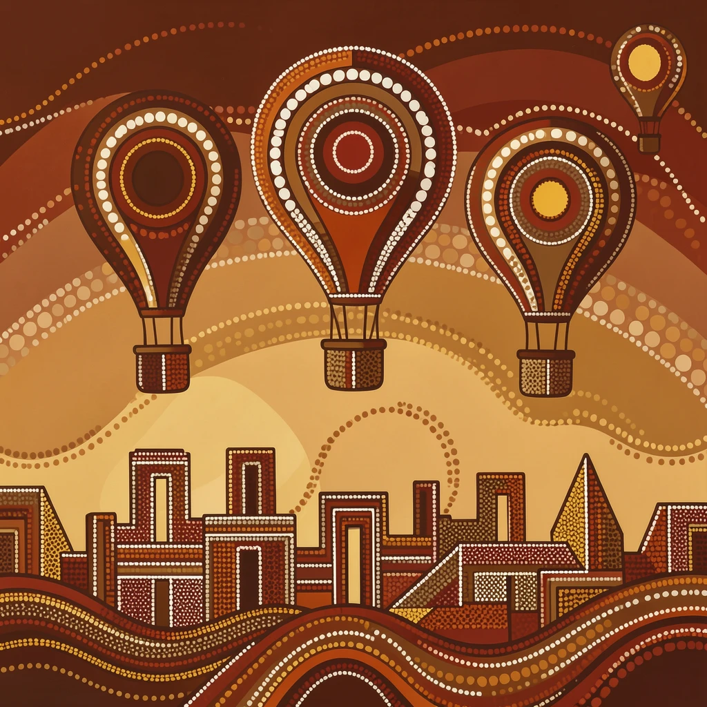 Hot air balloons rising over an ancient city