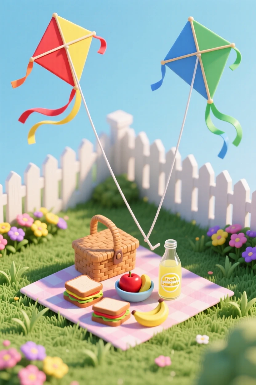 A backyard scene of flying kites on a breezy afternoon, colorful tails whipping in the wind, and a picnic blanket spread with snacks nearby.