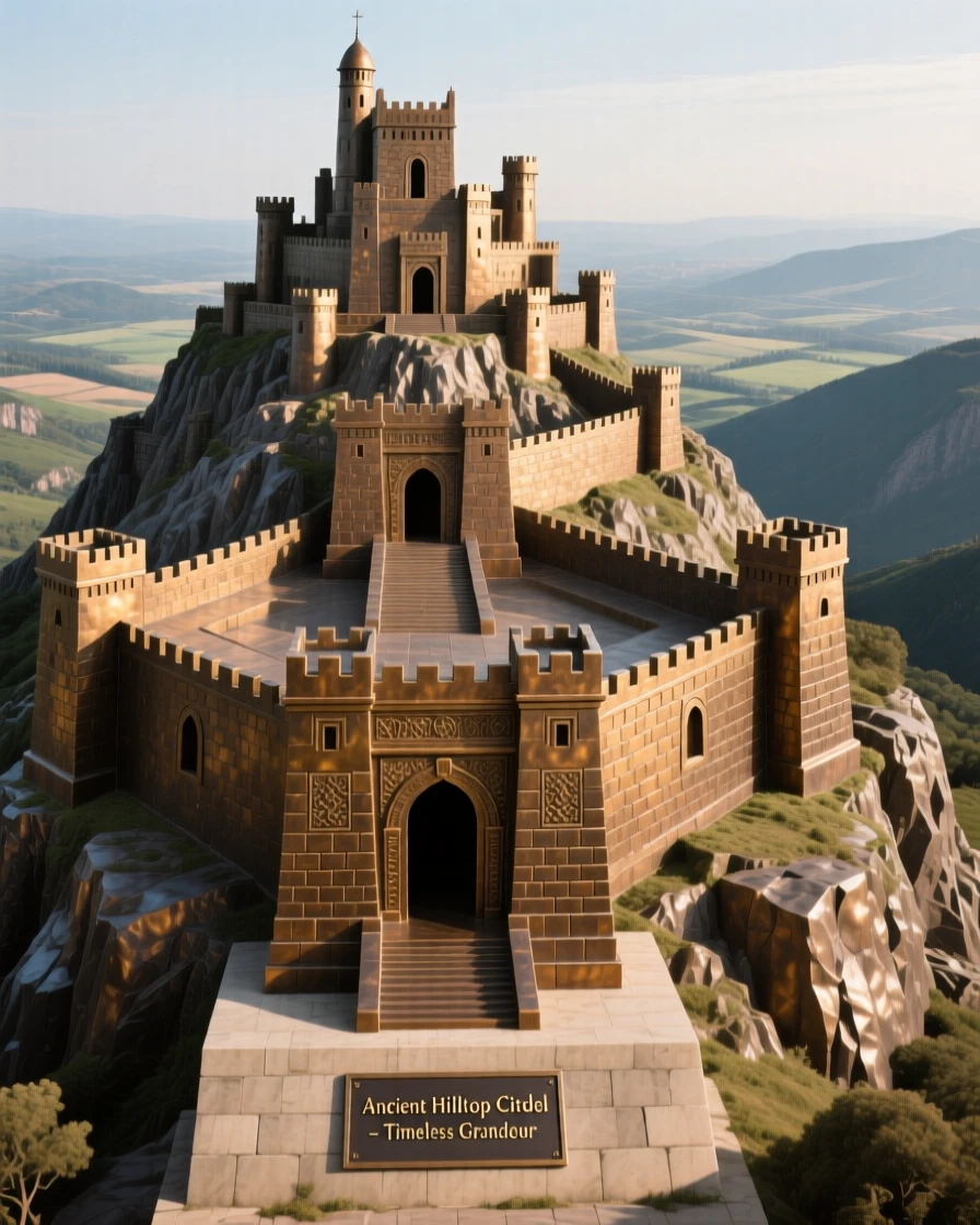 An ancient hilltop citadel overlooking a valley, rendered with striking symmetry and scale, exuding timeless grandeur