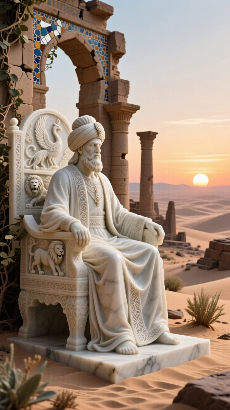 An epic scene of a desert sultan surveying his kingdom at sunset, amid ancient ruins reclaimed by nature, evoking myth and grandeur