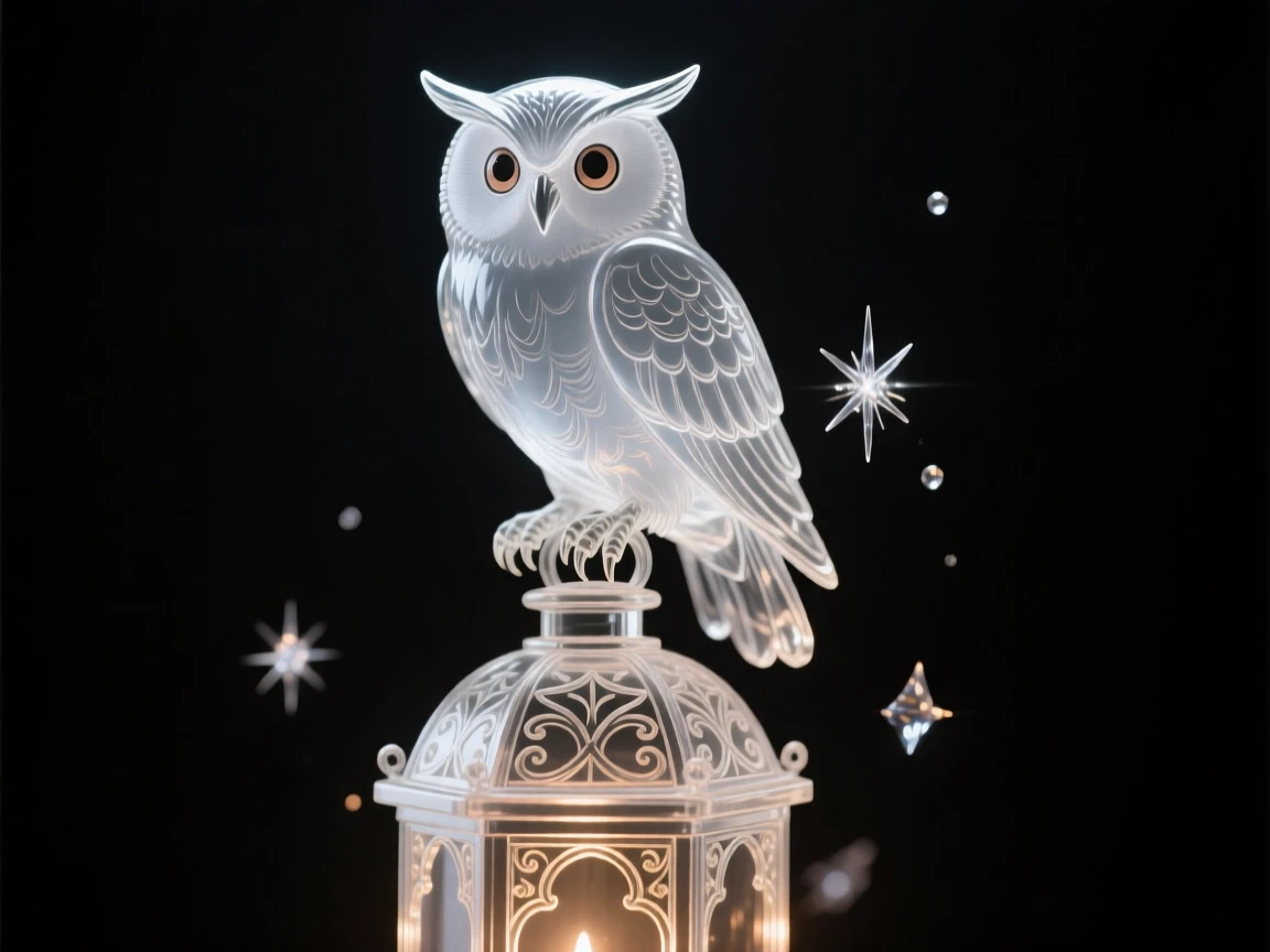 A young wizard's owl companion perched on a lantern, bathed in soft magical light with drifting sparkles in the air, epic and awe-inspiring composition, evoking wonder and adventure.