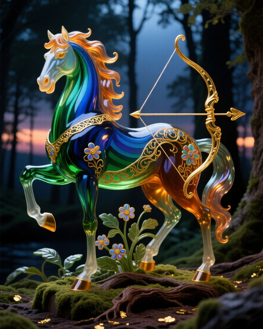 A centaur standing at the edge of an ancient forest at twilight, noble and wild.