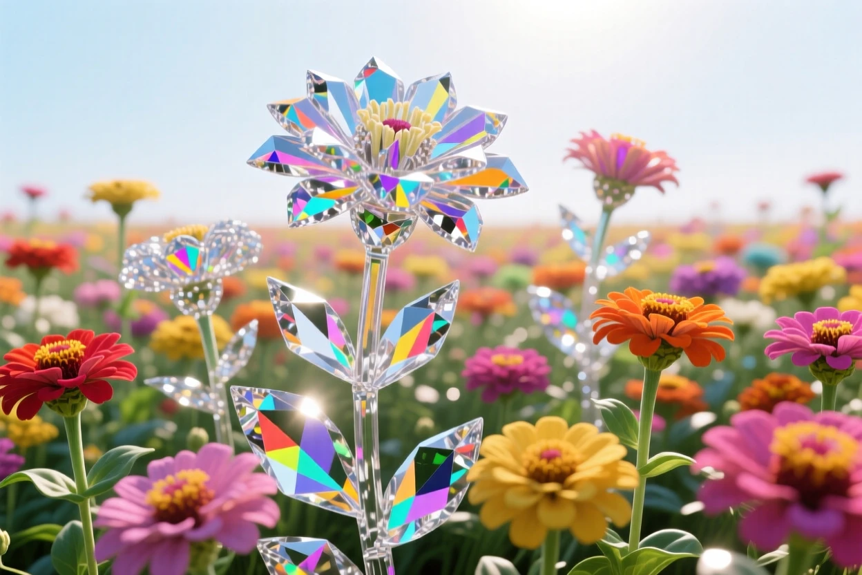 A vibrant field of zinnias in a rainbow of colors under bright midday sun.