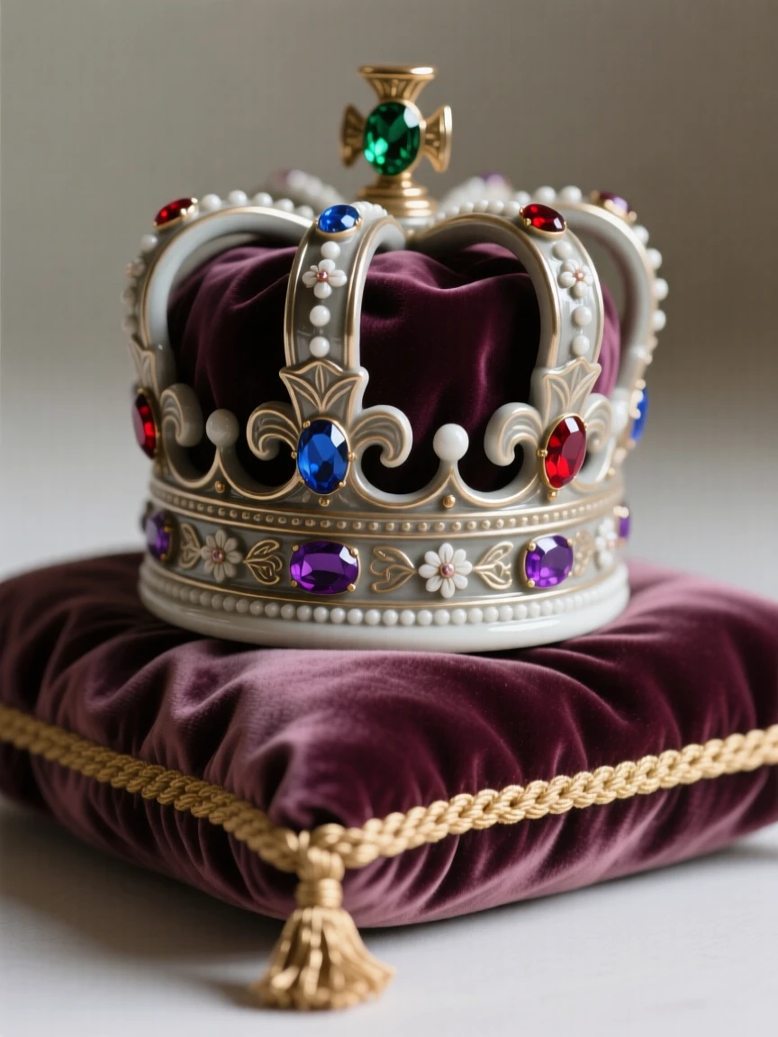 A jeweled crown resting on a velvet cushion captured in a graceful, polished stance, accented with subtle, tasteful ornamentation, evoking refined elegance and quiet luxury.