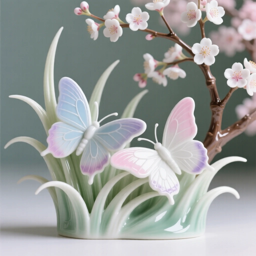 A pair of butterflies resting side by side in tall grass beside a cherry blossom grove.