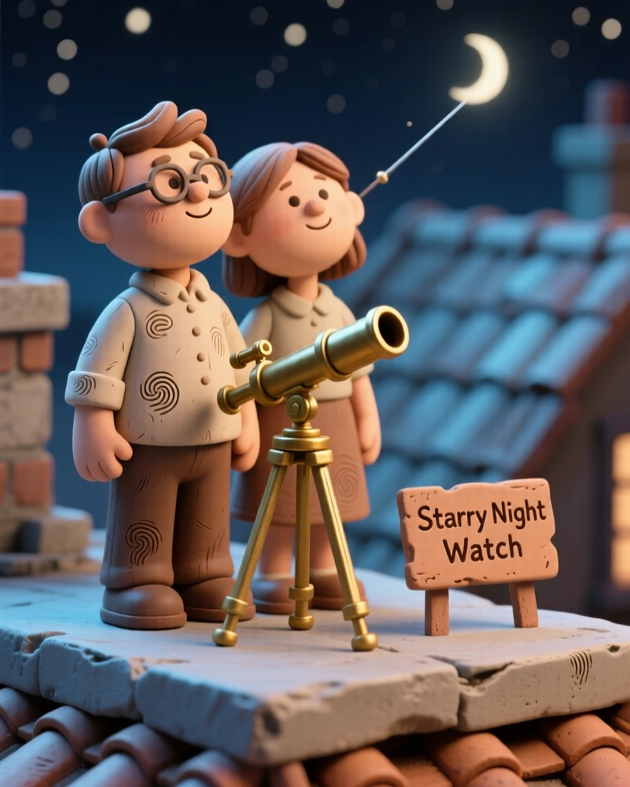 A couple stargazing from a rooftop with a telescope between them