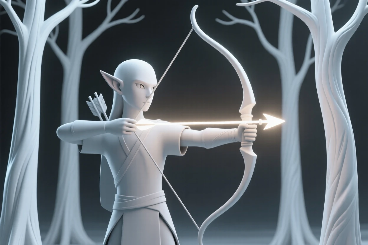 A regal elven archer draws a glowing arrow beneath ancient silver trees, ears pointed and eyes sharp with focus.