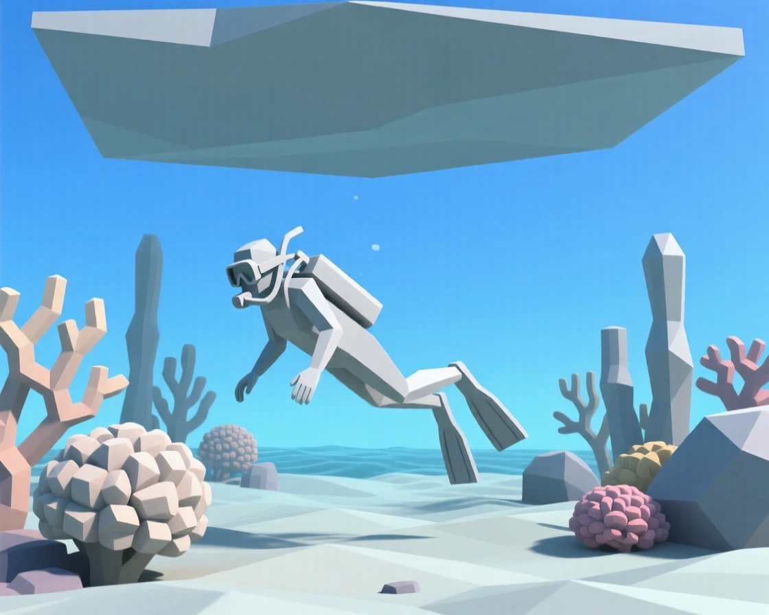 A diver exploring a vibrant coral reef, beneath a clear blue sky. a shallow depth of field keeps the action sharply in focus. The mood feels adventurous and free.