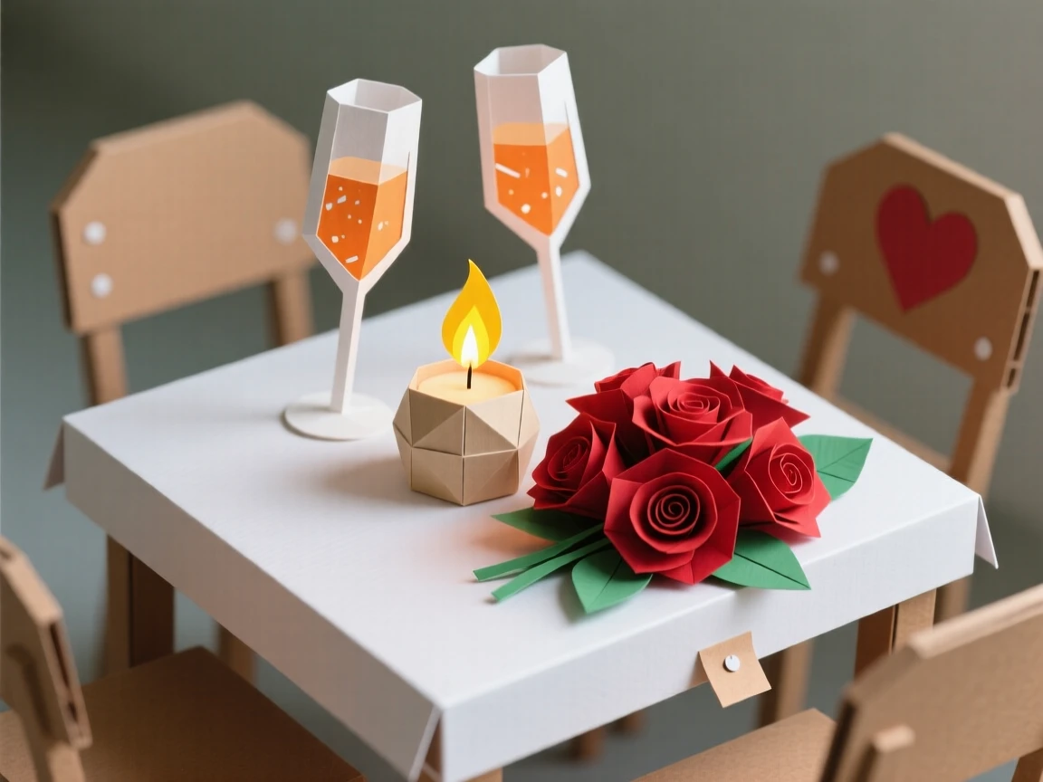 A romantic Valentine's Day table set for two with candlelight, red roses, and champagne glasses catching a warm glow, evoking intimate celebration.