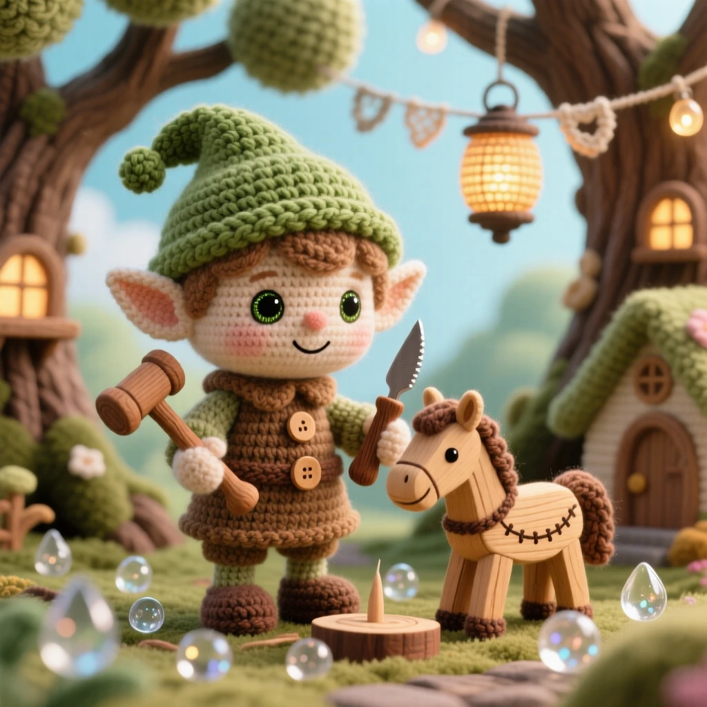 In a sunlit treetop village strung with lanterns, a tiny elf toymaker with tiny wooden tools is captured carving a small wooden horse, surrounded by a scattering of shimmering dewdrops, filled with a cozy, storybook enchantment.