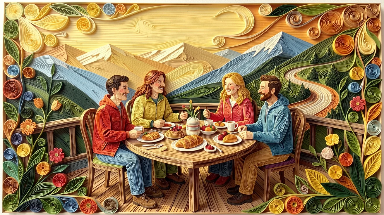 a group of friends enjoying a rooftop brunch, along a scenic mountain hiking trail, framed with warm natural light streaming in, with soft golden afternoon light throughout.