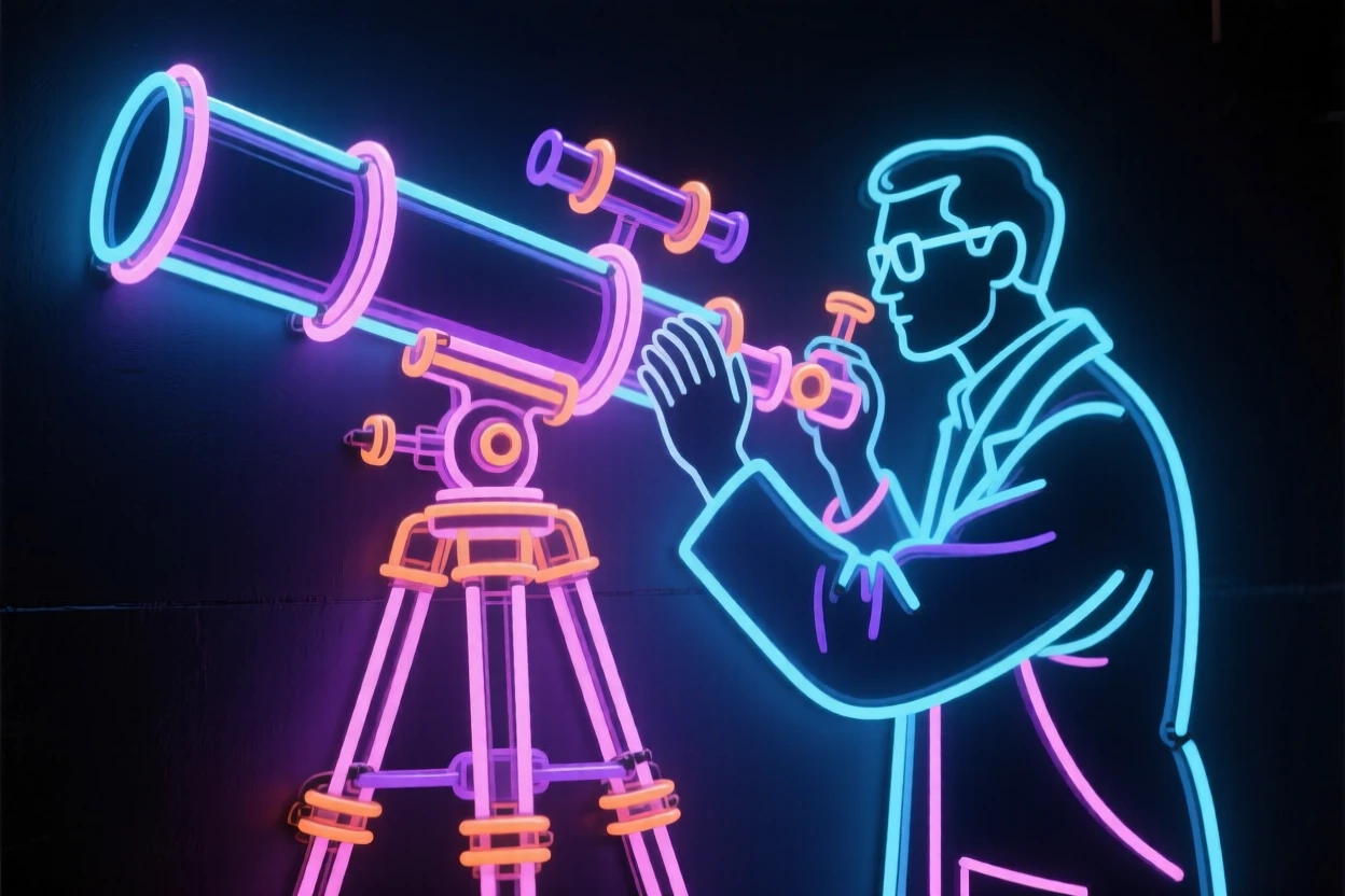 A scientist adjusting the focus on a large telescope at night.