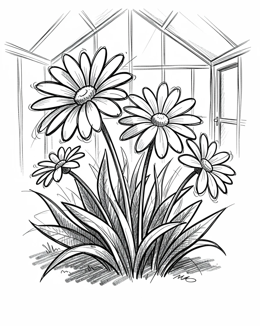 A patch of daisies swaying in the wind in a sunlit greenhouse.