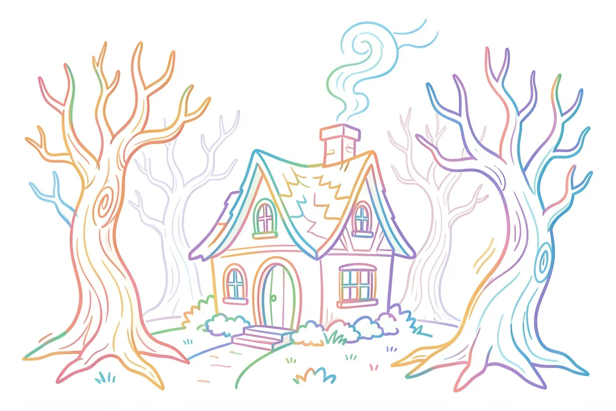 A witch's cottage tucked among crooked trees, smoke curling from its chimney.