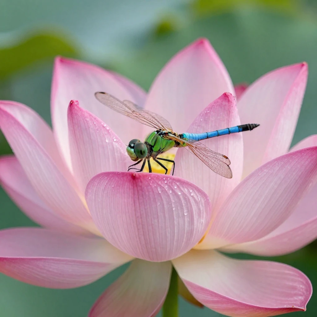 A dragonfly resting on a lotus flower petal