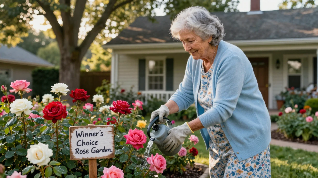 An elderly woman waters her prize-winning roses every morning before breakfast.