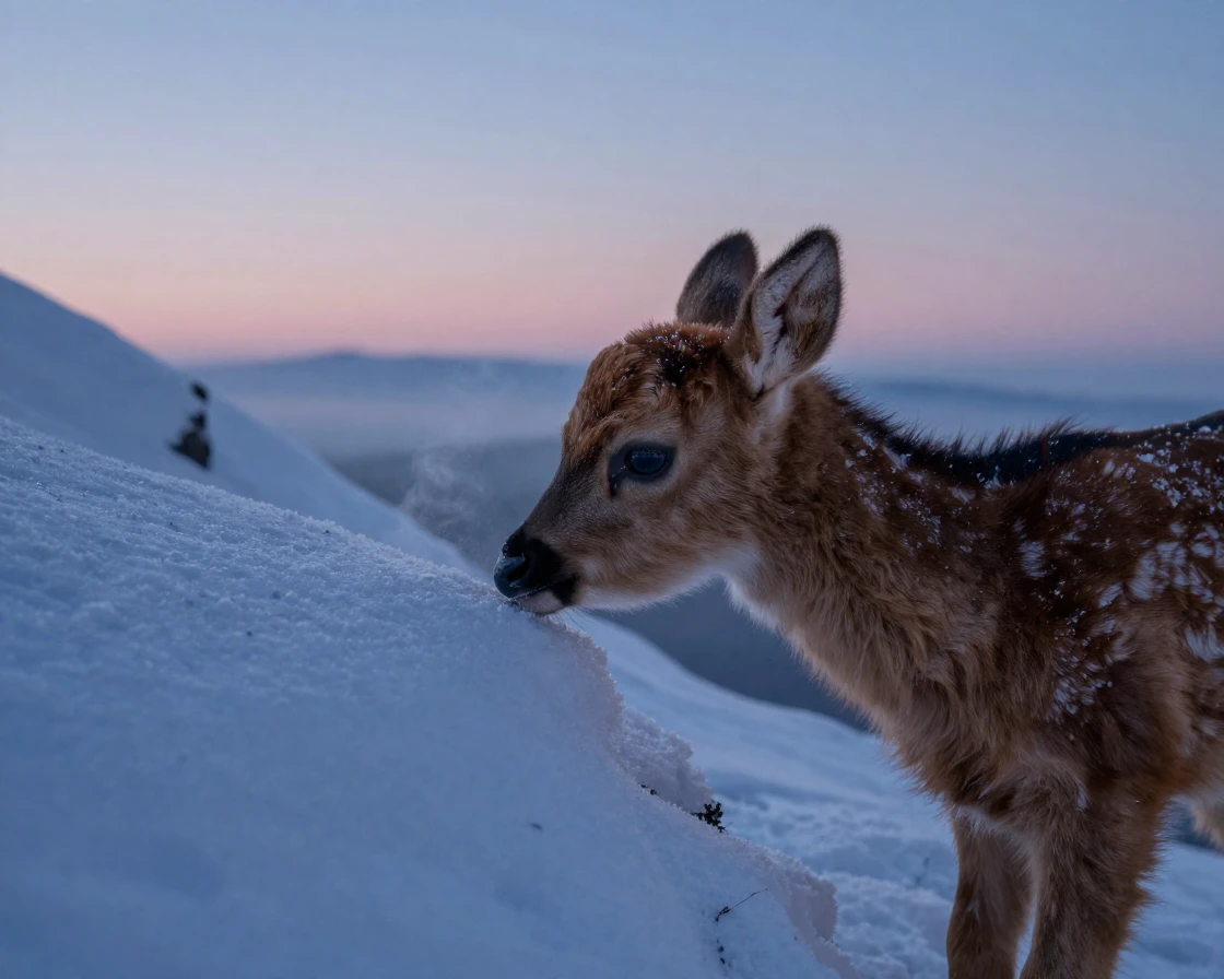 A young fawn nuzzling affectionately in the early morning on a remote snow-covered ridge as the day slowly fades