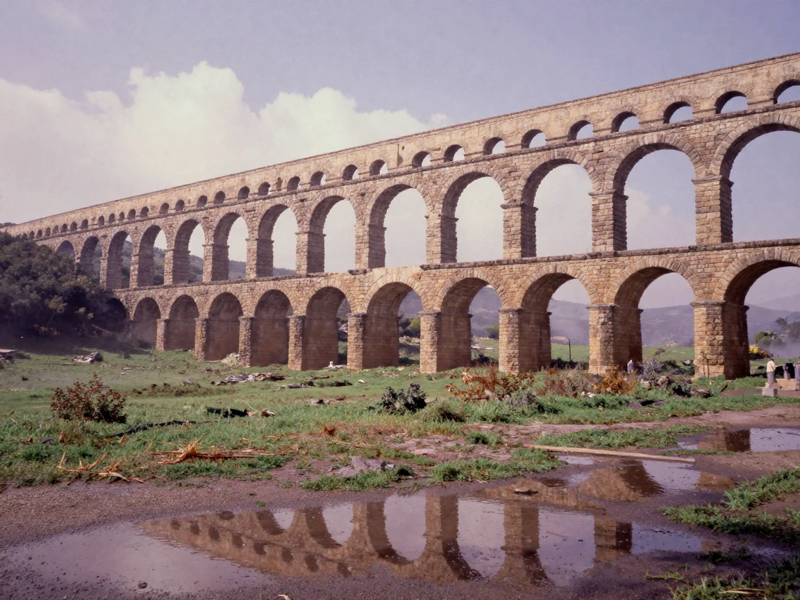 An ancient stone aqueduct stretching across a green valley, under harsh midday sun, just after a rain shower, with puddles reflecting the sky, in the mild days of early autumn, in dusty lavender and rose tones, from a three-quarter angle.