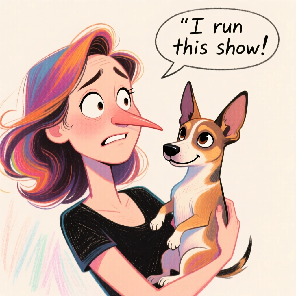 A woman holding a tiny dog that is clearly in charge of the relationship.
