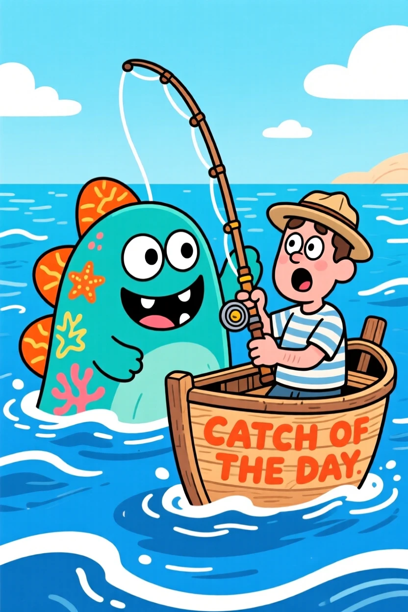 An imaginative fantasy scene of a friendly sea monster peeking playfully out of the ocean beside a fisherman's astonished boat.