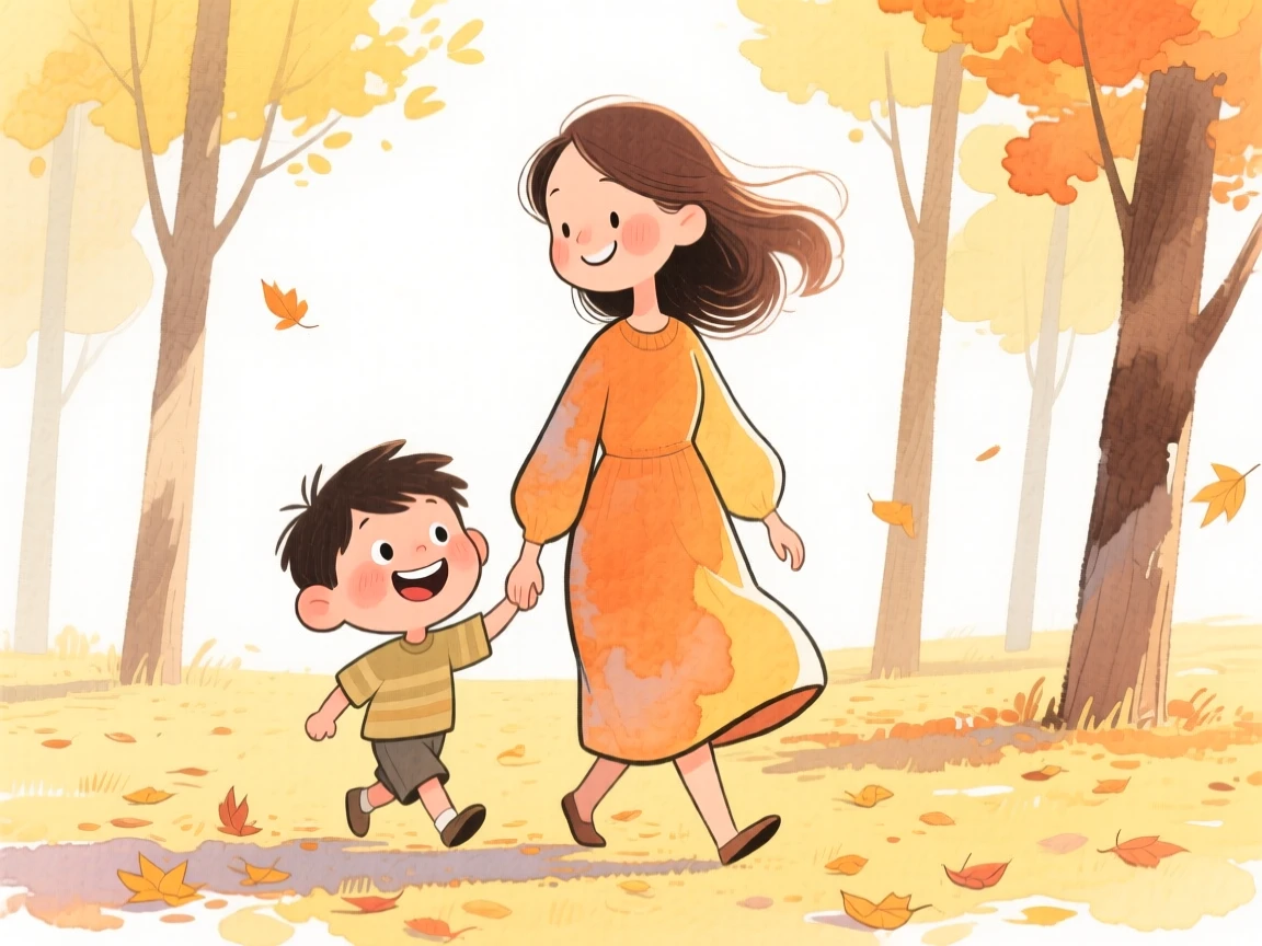 A mother and son taking a walk together in a golden autumn park