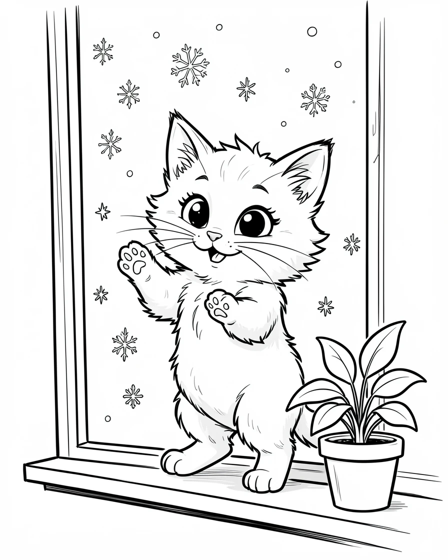 [Cute Animals & Pets] Adorable scene of a fluffy kitten batting at falling snowflakes through a window, bursting with charm and playful energy