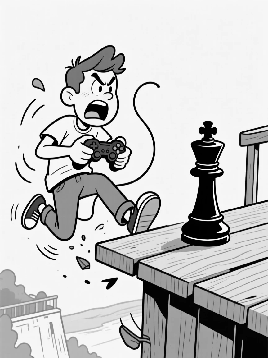 A gamer gripping a controller with intense focus, tumbling comically off the board, set at the edge of a scenic overlook. A captured chess piece sits triumphantly to the side. The moment captures determination with a comic twist.