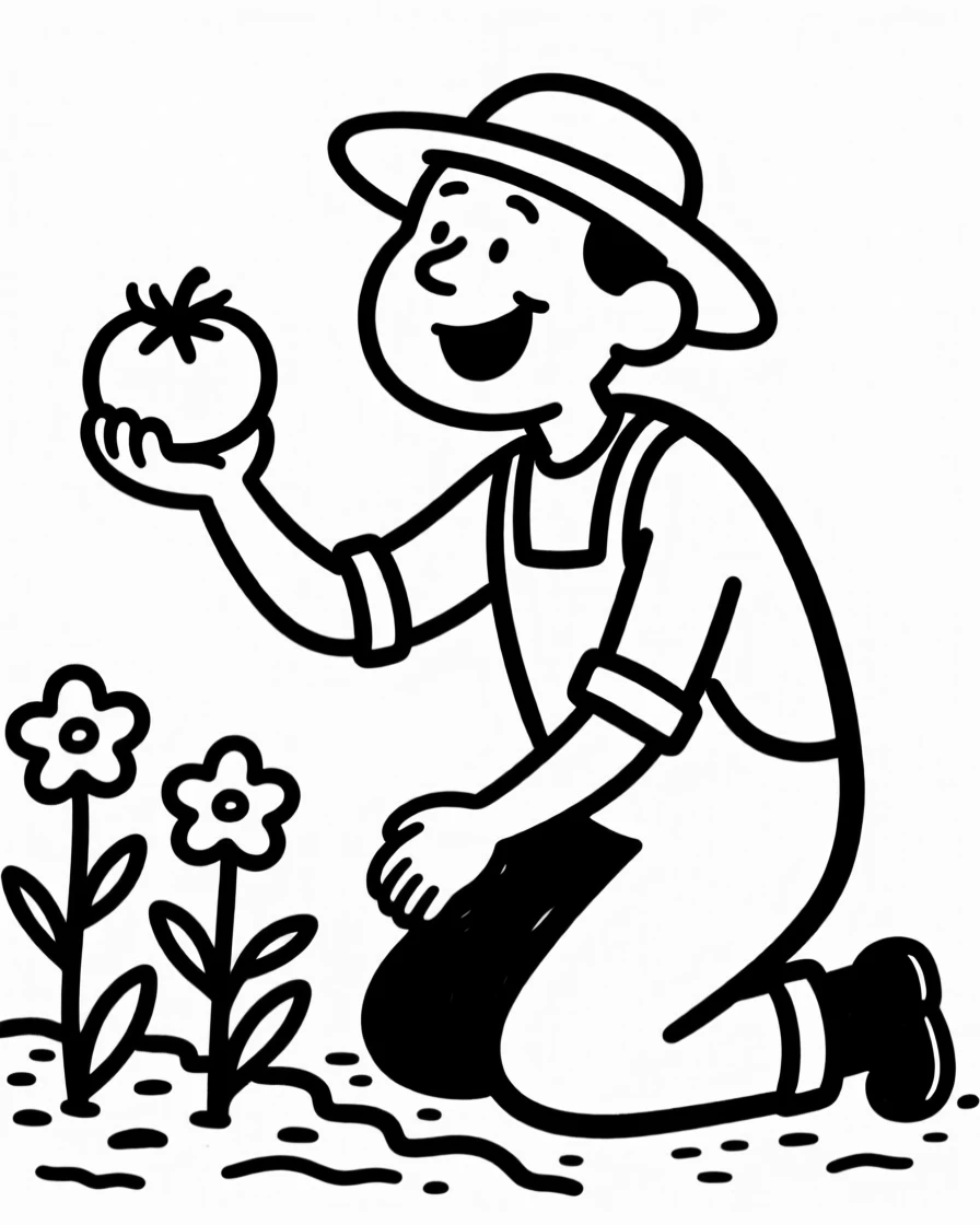 A gardener kneeling in a flower bed, proudly holding up a freshly picked tomato.