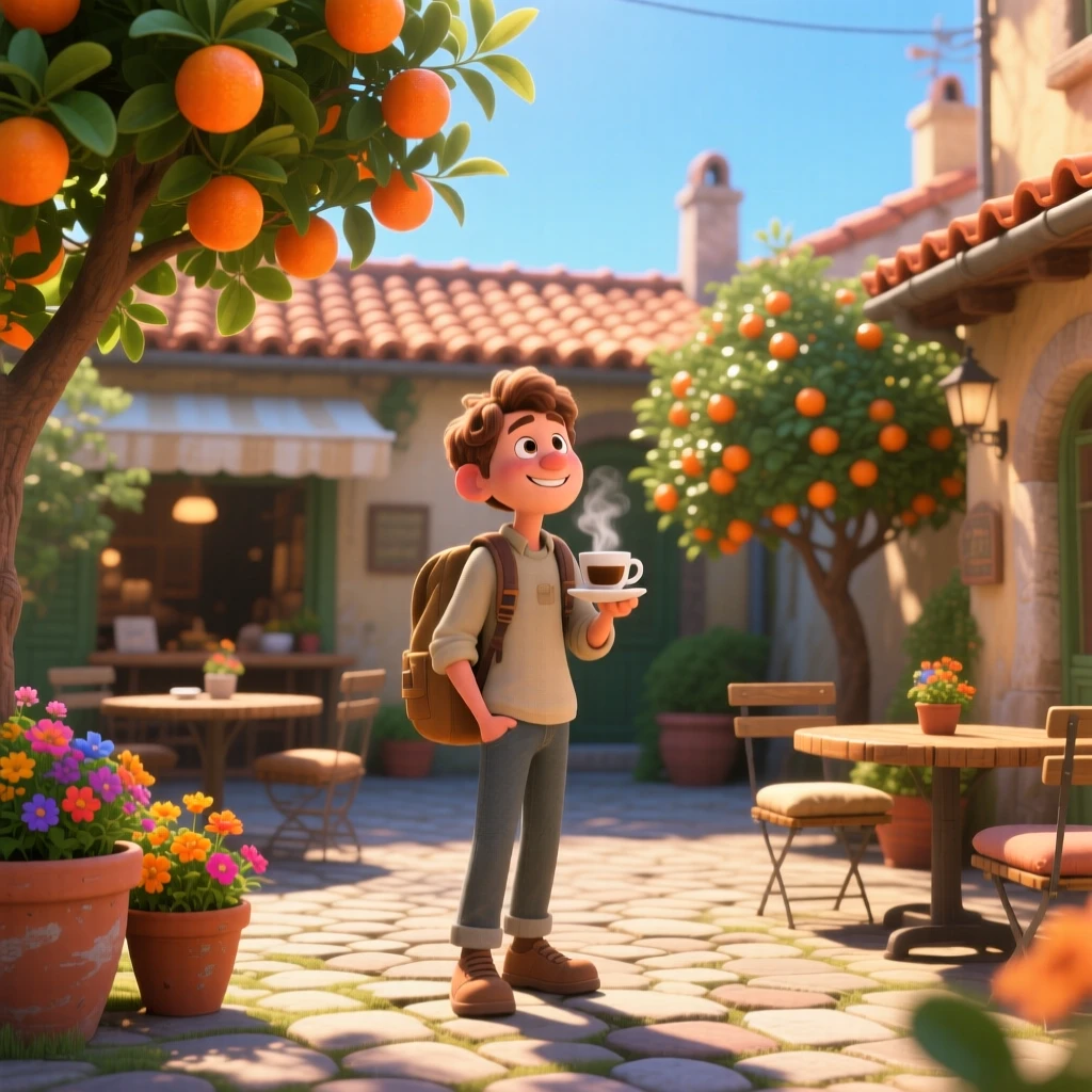 A traveler sipping coffee at a small cafe stands inside a sunlit courtyard filled with orange trees, sharing a quiet moment together. A warm sense of gratitude and wanderlust colors the moment, with terracotta rooftops stretching into the distance.