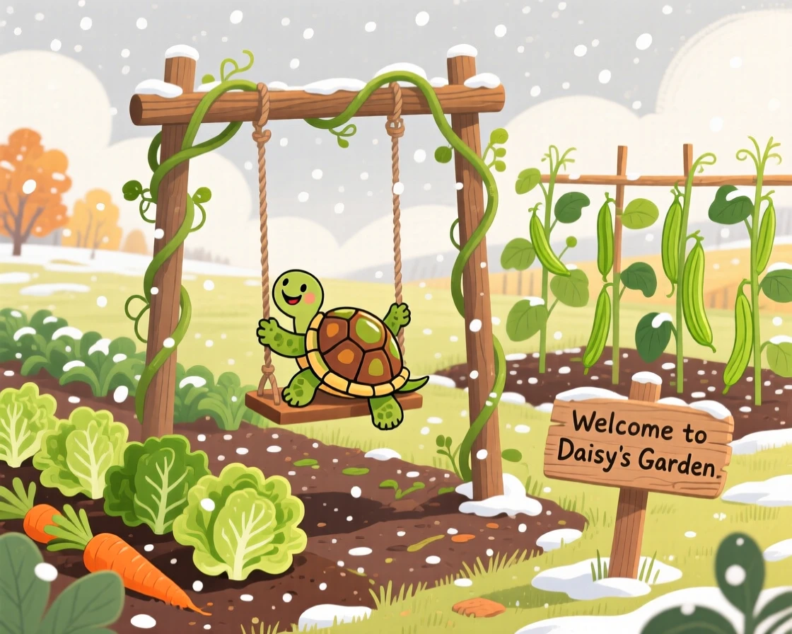 In a tidy vegetable garden, a tiny turtle hatchling spends the afternoon swinging from a vine, with the first snowflakes falling softly.