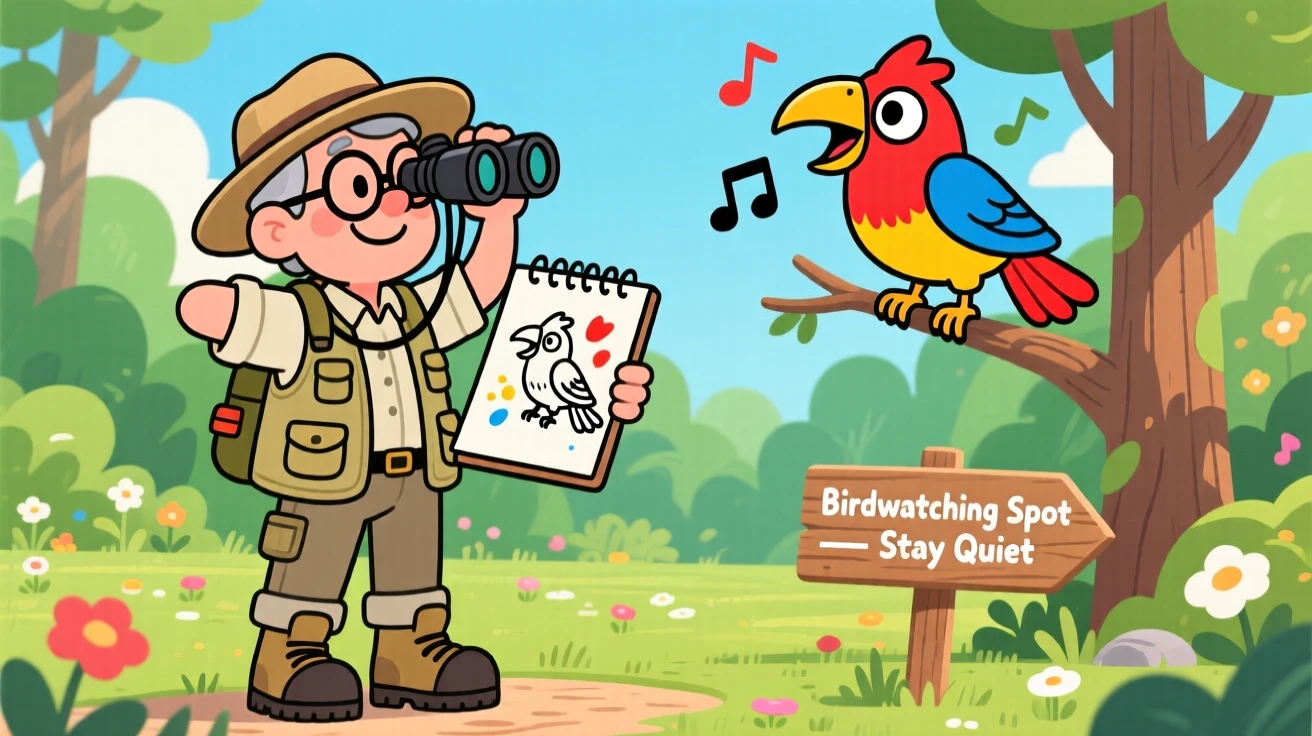 A birdwatcher sketching a colorful bird through binoculars.