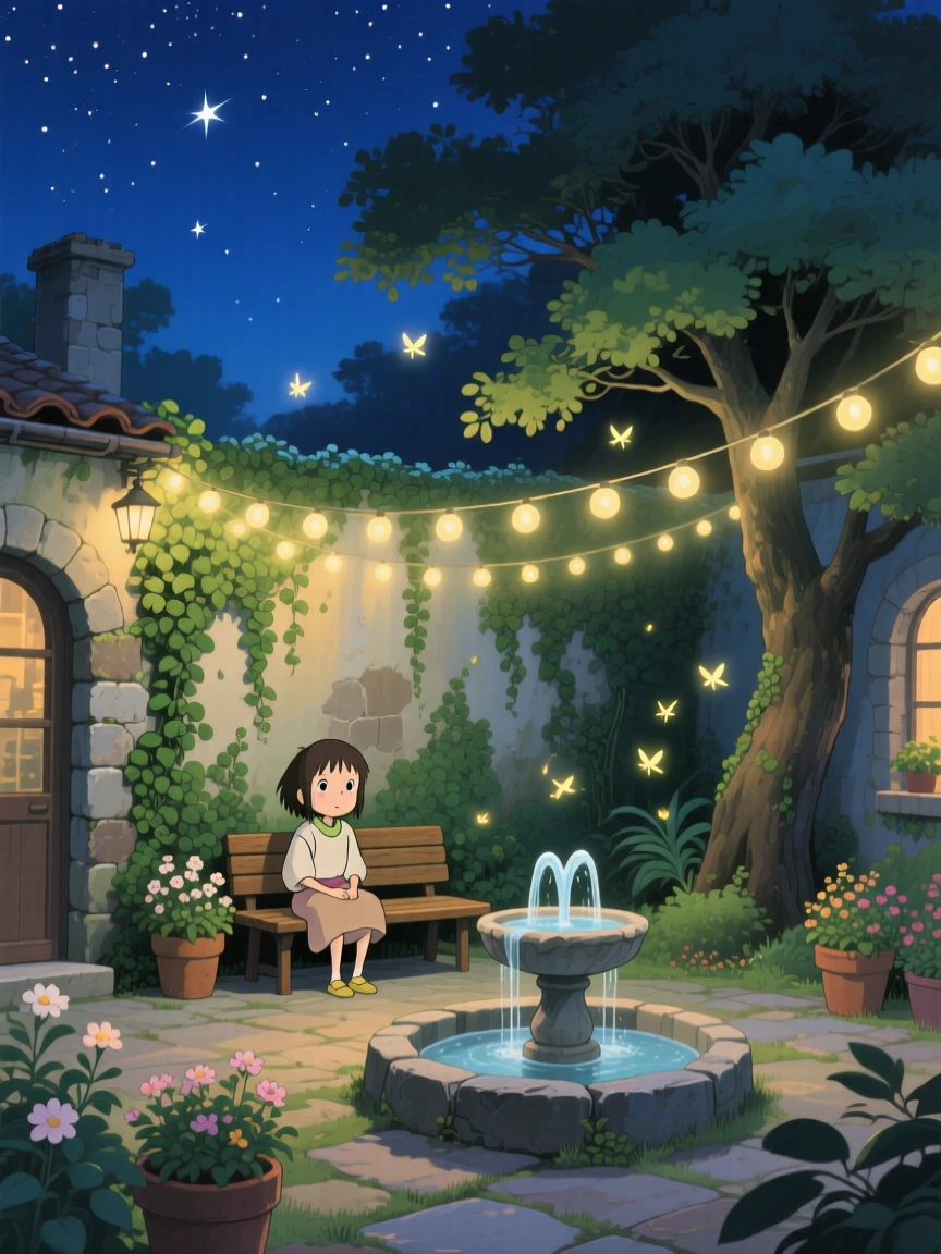 A nighttime scene of a quiet courtyard lit by strings of glowing lights, peacefully luminous.